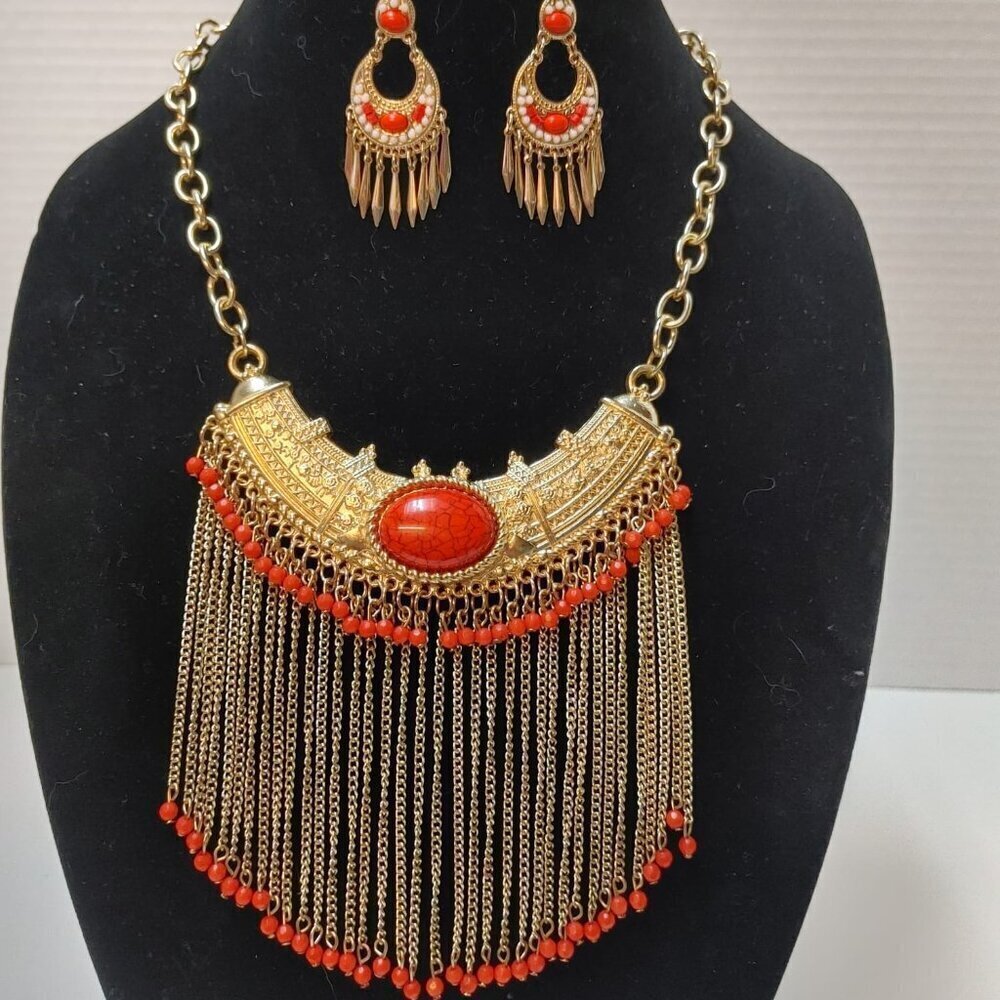 Egipcian Empress Bohemian Tribal Bib Coral color stone Necklace & Earrings Gold